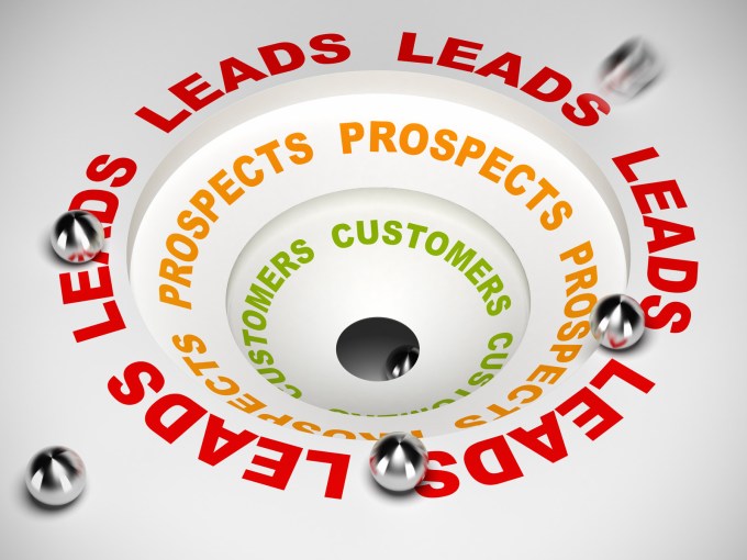 Graphical representation of a sales funnel with leads, then prospects, then customers as you move down the funnel.