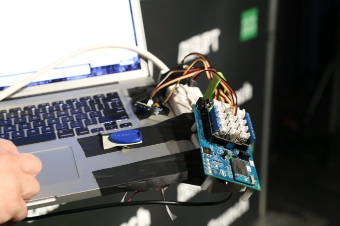 Hacked together IoT computer board from CloudSense product at TechCrunch Disrupt Hackathon