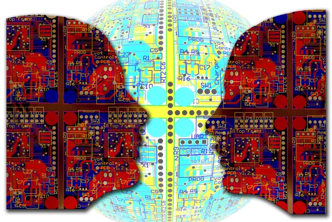 Two artificial intelligence faces facing one another.