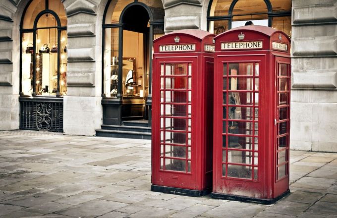 Classic red British telephone boxes in London