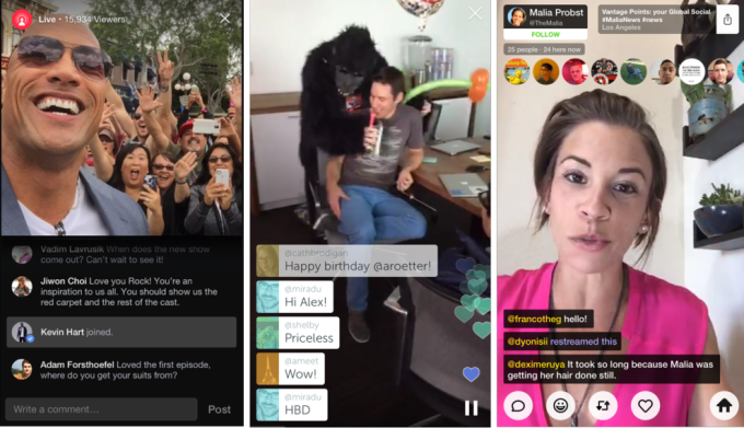 Facebook Live, Periscope, and Meerkat (from left)