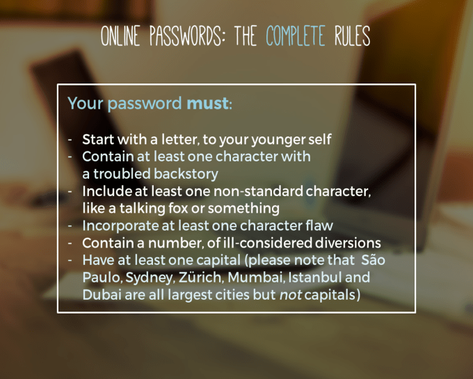 Silly password rules like "start with a letter to younger self."
