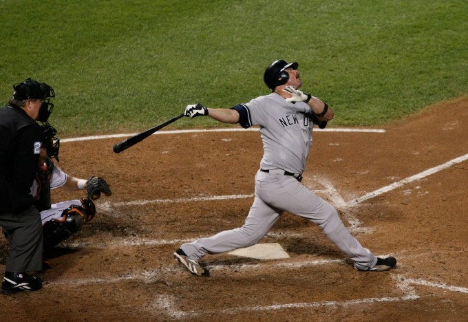 Jason Giambi taking a mighty swing as a member of the New York Yankees in 2008.
