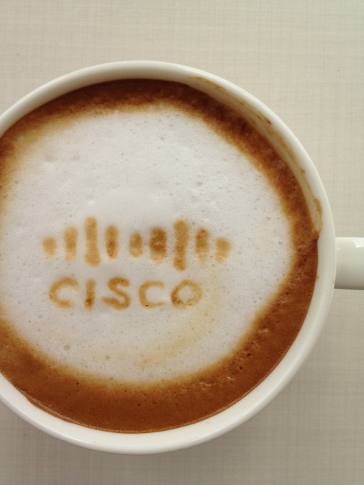 Cisco logo in frothed milk.