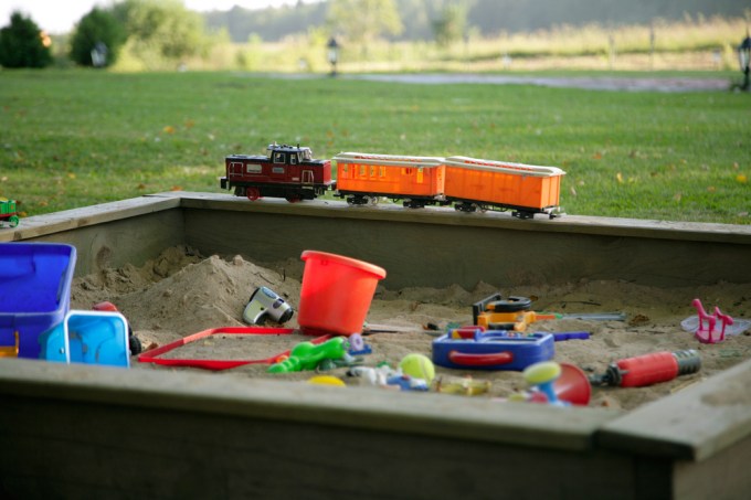 sand box, play, toy train