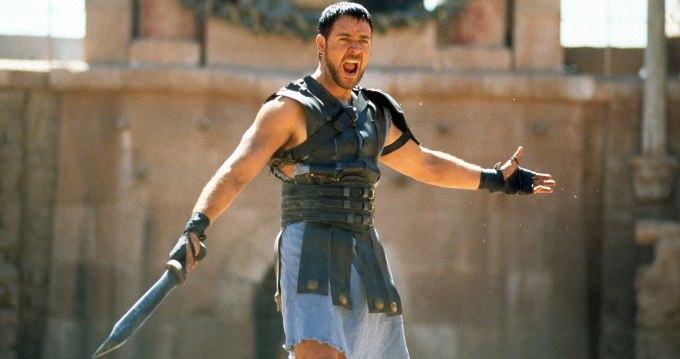 Russell Crowe with sword in a scene from the film 'Gladiator', 2000. (Photo by Universal/Getty Images)