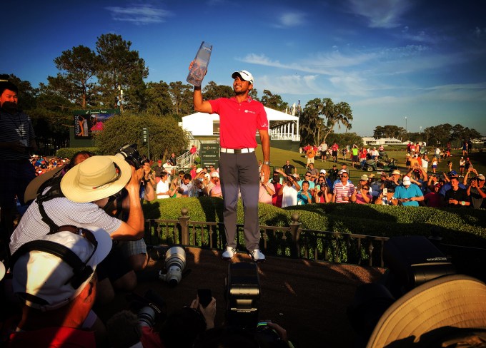 PONTE VEDRA BEACH, FL - MAY 15: Jason Day holds up the championship trophy after winning THE PLAYERS Championship on THE PLAYERS Stadium Course at TPC Sawgrass on May 15, 2016. (2016 Brad Mangin/PGA TOUR)
