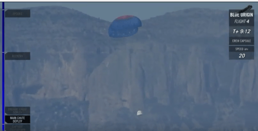 New Shepard crew capsule descent with two parachutes deployed / Screenshot of BlueOrigin webcast