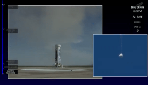 Blue Origin's New Shepard vehicle touches down as the crew capsule begins its descent / Screenshot of live Blue Origin webcast