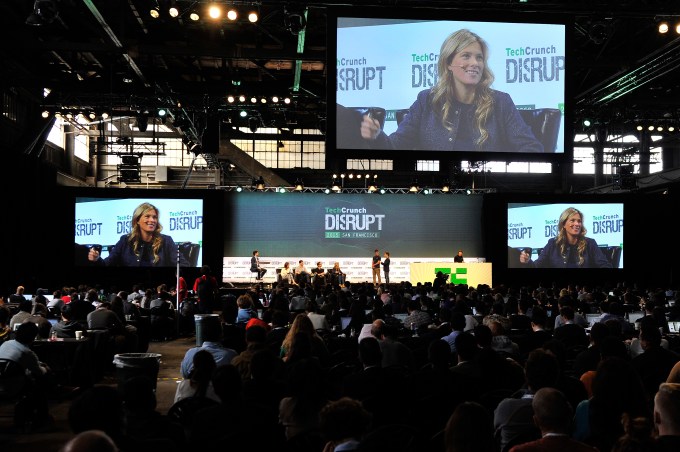 SAN FRANCISCO, CA - SEPTEMBER 22: The group from Rollout.io presents to the judges onstage during Startup Battlefield on day two of TechCrunch Disrupt SF 2015 at Pier 70 on September 22, 2015 in San Francisco, California. (Photo by Steve Jennings/Getty Images for TechCrunch)