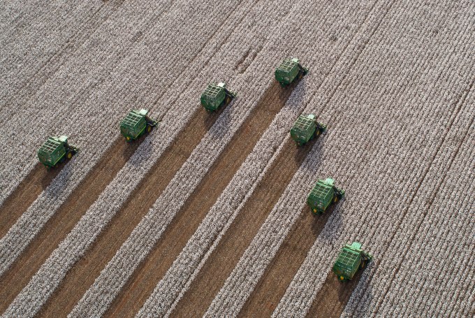 Aerial View of 7 Combines Harvesting Cotton Equipment