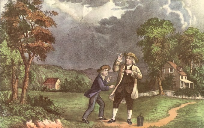 A Currier & Ives lithograph of Benjamin Franklin and his son William using a kite and key during a storm to prove that lightning was electricity, June 1752. (Photo by Hulton Archive/Getty Images)