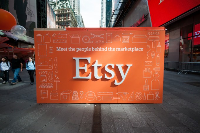 An Etsy marketplace is set up in Times Square outside the NASDAQ to commemorate the Etsy initial public offering which debuted to the public on Thursday, April 16, 2015. Shares of Etsy dropped up to 9.1% after investors who bought shares during the IPO dumped them on the first day they were allowed to.( Richard B. Levine) (Photo by Richard Levine/Corbis via Getty Images)