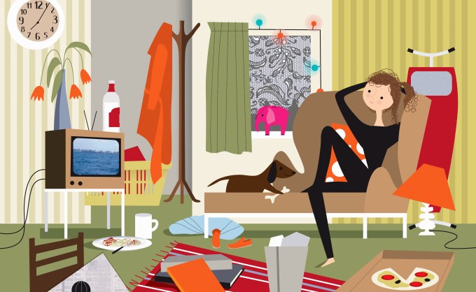Lazy woman and dog watching TV in messy living room