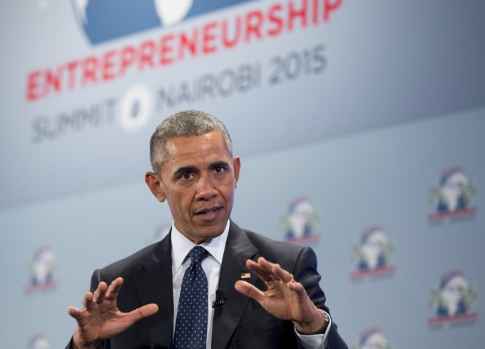 US President Barack Obama attends the Global Entrepreneurship Summit at the United Nations Compound in Nairobi on July 25, 2015. Obama said today "Africa is on the move", as he praised the spirit of entrepreneurship at a business summit in Kenya during his first visit to the country of his father's birth since his election as president. AFP PHOTO / SAUL LOEB        (Photo credit should read SAUL LOEB/AFP/Getty Images)