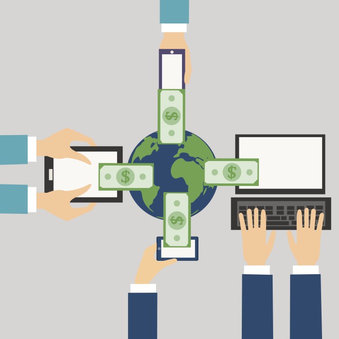Vector Cartoon of Online banking concept: Send money via smart phone, computer, tablet, phone
