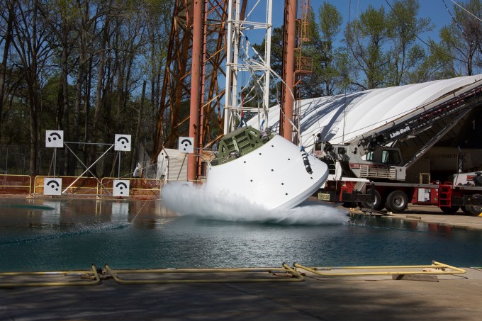 Orion GTA vertical drop test at NASA LaRC's Imapact and Splash Basin.