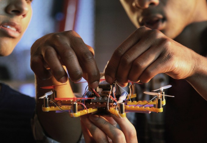 A Flyrbix drone built with LEGO bricks.