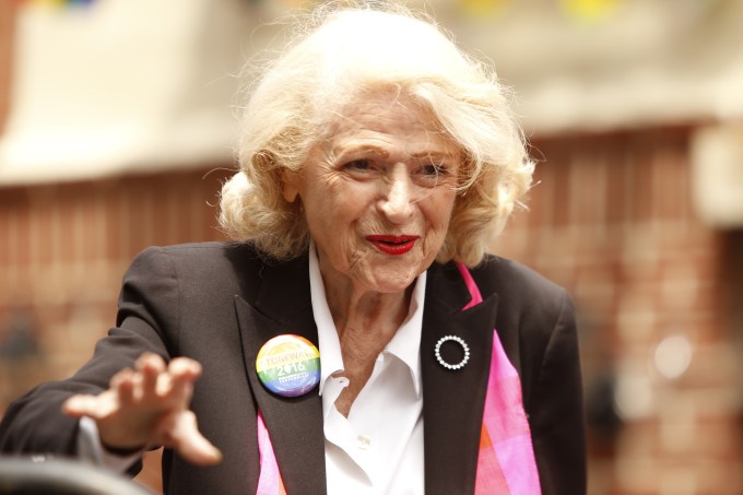 MANHATTAN, NEW YORK CITY, NEW YORK, UNITED STATES - 2016/06/27: Marriage equality pioneer Edie Windsor. Mayor Bill de Blasio joined members of the NY city council, National Parks Service, dept of the interior and veterans of the 1969 Stonewall uprising for a formal dedication of the Stonewall Tavern in Manhattan's West Village as a National Monument, the first LGBT themed in the US. (Photo by Andy Katz/Pacific Press/LightRocket via Getty Images)