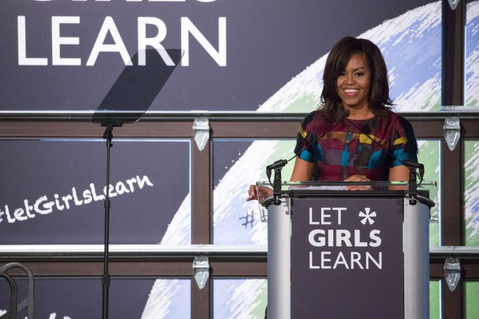 WASHINGTON, D.C. — On Tuesday, March 8 at Union Market in N.E. DC, First Lady Michelle Obama speaks at an event with young women, students, and stakeholder hosted by the U.S. Department of State's Office of Global Women's Issues. This is the one year anniversary of Let Girls Learn and celebrates International Women's Day. (Photo by Cheriss May/NurPhoto via Getty Images)
