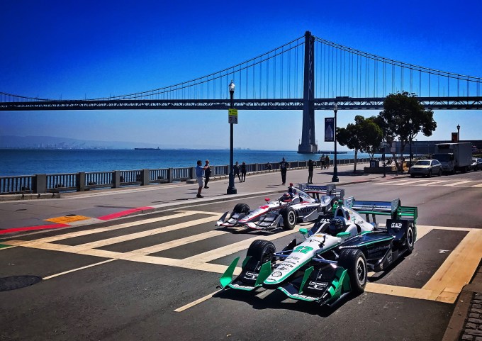 IndyCar drivers Will Power and Simon Pagenaud drive along the Embarcadero in San Francisco on Thursday, September 15, 2016. Photo by Brad Mangin