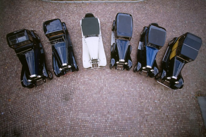 Six Bugatti Royales belonging to the Schlumpf Collection parked in the courtyard of the National Automobile Museum. The first Bugatti Type 41 Royale was designed and built by Ettore Bugatti (1881-1947) in 1926. (Photo by Bruno De Hogues/Sygma via Getty Images)