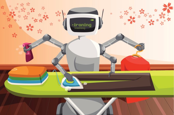 A vector illustration of a robot ironing clothes