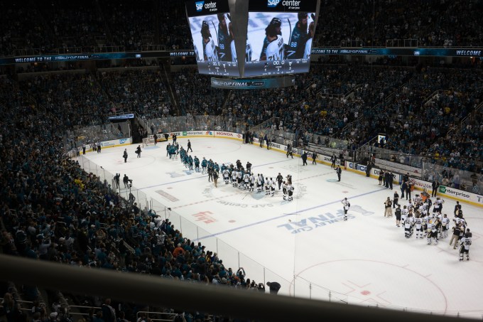 San Jose Sharks and Pittsburgh Penguins shaking hands at the SAP Center after game 7 of the 2016 Stanley Cup Finals.