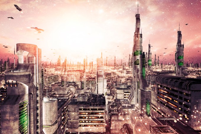Futuristic cityscape with dense architecture and flying aircrafts.