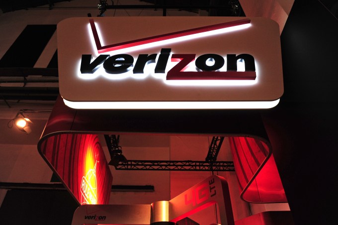A Verizon Communications Inc. logo is seen on display at the Mobile World Congress in Barcelona, Spain, on Thursday, Feb. 17, 2011. The Mobile World Congress takes place at Fira de Barcelona conference center Feb. 14-17. Photographer: Denis Doyle/Bloomberg via Getty Images