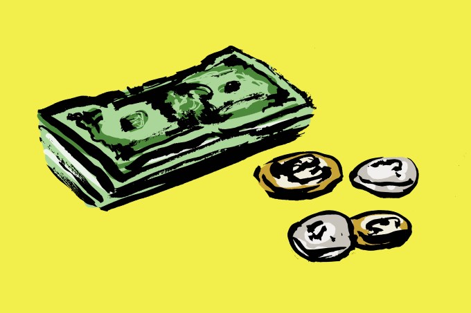 Illustration of paper notes and coins on yellow background