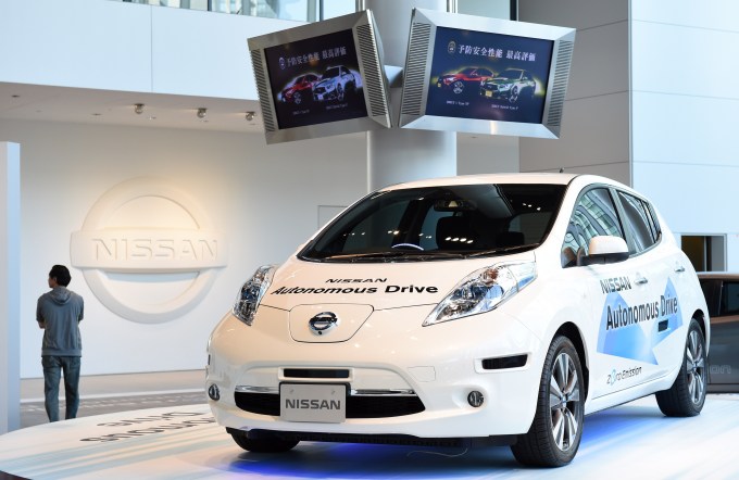 Nissan Motors' autonomous drive vehicle is displayed at the company's showroom in Yokohama on May 13, 2015. Nissan on May 13 said its fiscal-year net profit soared 17.6 percent to 4.2 billion USD, crediting a weak yen and new model rollouts for buoyant results that drove past its own earlier forecasts.  AFP PHOTO / TOSHIFUMI KITAMURA        (Photo credit should read TOSHIFUMI KITAMURA/AFP/Getty Images)