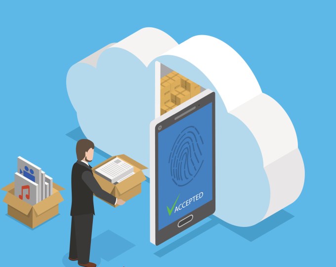 Protected cloud storage flat isometric vector concept. Man places his data to protected cloud storage via smartphone or tablet.