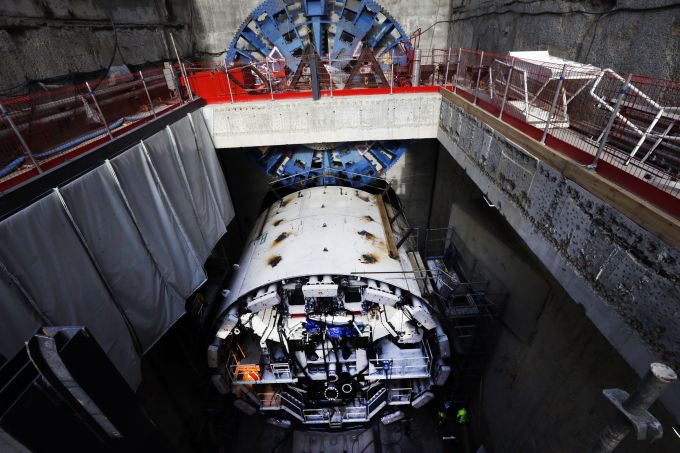 A picture taken on January 25, 2016 shows a tunnel boring machine at the building site of the extension of the tramway of Nice.
The extension of the tramway in Nice will connect the city from West to East for a distance of 7.7 km. The line will be open to the public in 2018. / AFP / VALERY HACHE        (Photo credit should read VALERY HACHE/AFP/Getty Images)