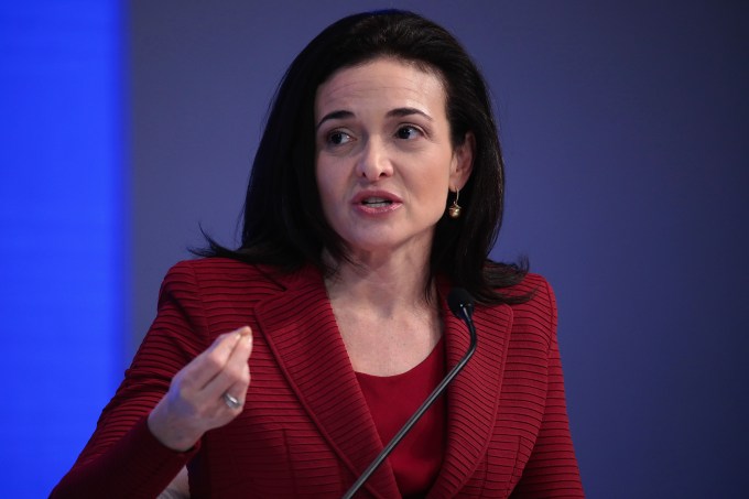 Sheryl Sandberg, billionaire and chief operating officer of Facebook Inc., gestures as she speaks during a panel session at the World Economic Forum (WEF) in Davos, Switzerland, on Wednesday, Jan. 18, 2017. World leaders, influential executives, bankers and policy makers attend the 47th annual meeting of the World Economic Forum in Davos from Jan. 17 - 20. Photographer: Jason Alden/Bloomberg via Getty Images