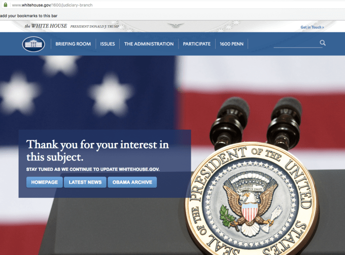 Trump White House website holding page for judicial branch