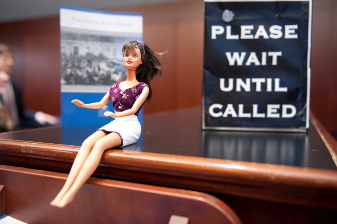 UNITED STATES - Jan 15: Check In Barbie greets visitors to the Senate Gallery Check In in the Capitol Visitors Center of the U.S. Capitol on January 15, 2014.  (Photo By Douglas Graham/CQ Roll Call)