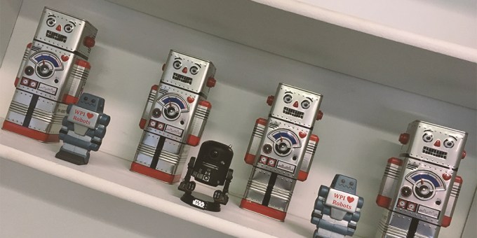 Robots on a shelf at MassRobotics innovation hub in Boston.