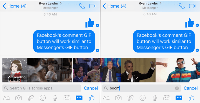 facebook’s GIF comments button will work similarly to GIFs in Facebook Messenger, seen here