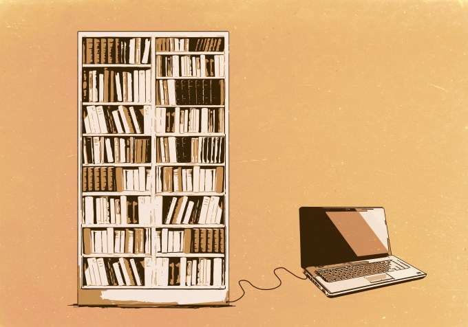 Illustration of laptop connected to bookshelf