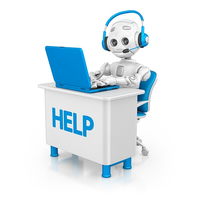 Cartoon of robot sitting at help desk.