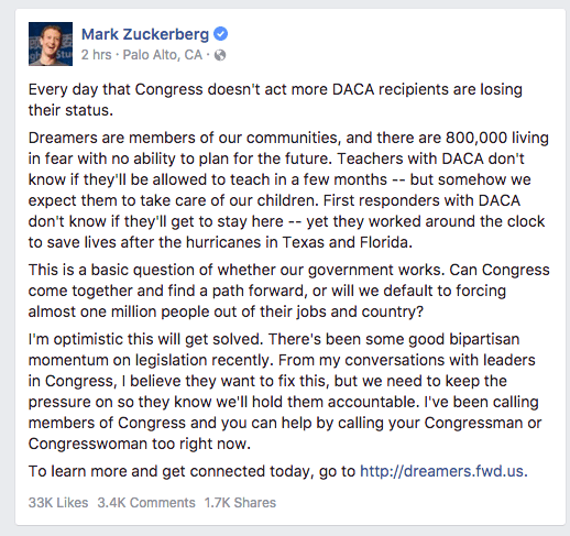Mark Zuckerberg wants you to call your congressperson in support of DACA